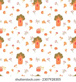 Hand drawing with trees. Seamless texture with trees. White background with oak and mushroom ornament suitable for fabric, children's clothing, wallpaper, paper.