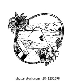 hand drawing tropical paradise with sunset