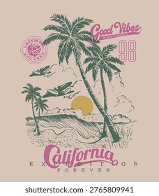 Hand Drawing Tropical Summer Beach illustration. beach vector graphic. Vintage Retro T-shirt Design. palm tree beach with sea waves. California typography Slogan 