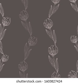 Hand drawing tulip flowers with leaves. Light botanical illustration on coffee color background. Seamless floral pattern.