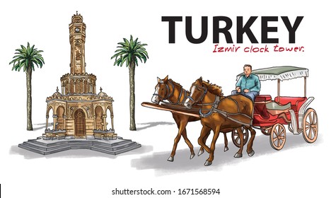 Hand Drawing. Turkey Izmir clock tower, Horse and Carriage ride.