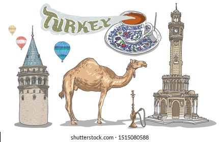 Hand Drawing. Turkey Landmarks set, Turkish Coffee, The Galata Tower in Istanbul, Hot Air Balloons, Camel, Clock Tower Izmir