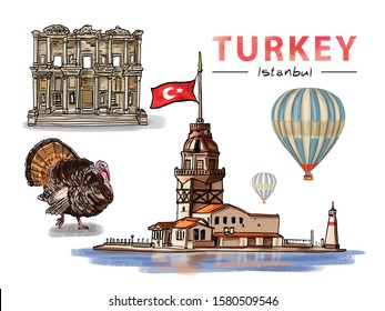 Hand Drawing. Turkey Landmarks set, Maiden's Tower in Istanbul, The ruins of ancient city Acropolis, Pergamon Izmir Turkey, turkey chicken, hot air balloon