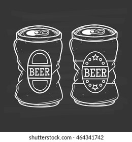 Hand Drawing Two Broken Beer Can With Label On Chalkboard Background