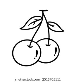 hand drawing of two cherries hanging from a stem with leaves.