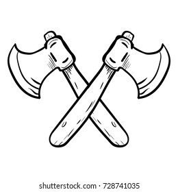Hand drawing of Two Crossed Axes isolated on white background. Black and White simple line Vector Illustration for Coloring Book - Line Drawn Vector