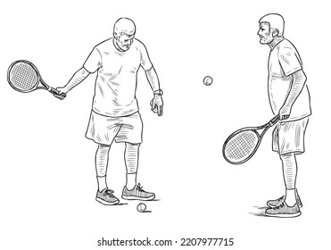 Hand drawing of two elderly men playing tennis