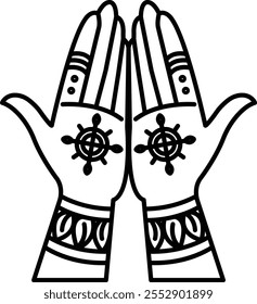 The hand drawing is of two hands with a cross and a wheel on them