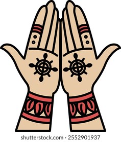 The hand drawing is of two hands with a cross and a wheel on them. The hands are crossed over each other, and the design is very intricate and detailed. Scene is one of spirituality
