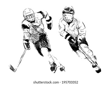 Hand drawing two hockey player. Vector illustration