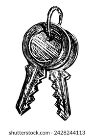 Hand drawing of two metal keys on ring, vector sketch isolated on white