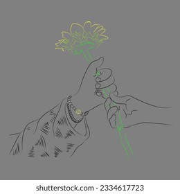 hand drawing two people holding flowers together Can express feelings in many ways but wearing a gray background makes it look lonely