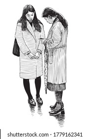 Hand drawing of two tourists girls standing and looking at smartphone outdoors