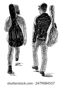 Hand drawing of two young guitarists walking outdoors, back view, realistic vector illustration isolated on white