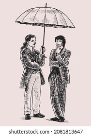 Hand drawing of two young men in retro costumes standing under umbrella and talking