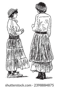 Hand drawing of two young women in retro country costumes from late 19th century standing and talking