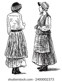 Hand drawing of two young women in vintage country costumes from late 19th century standing and talking