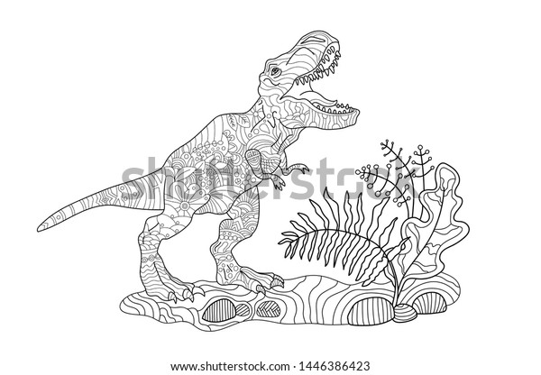 Hand Drawing Tyrannosaur Coloring Kids Adults Stock Vector Royalty Free 1446386423