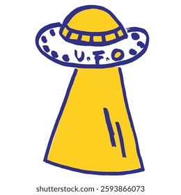 hand drawing UFO with blue and yellow color vector illustration