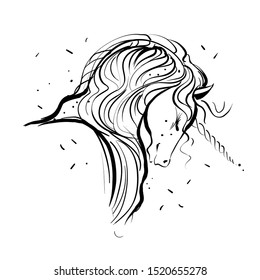 Hand drawing Unicorn for adult anti stress coloring pages, artistic fairy tale magic animal, vector tattoo. Fashion print.