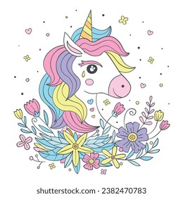 Hand Drawing Unicorn and Flowers