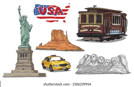 Hand Drawing. USA Landmarks set, The statue of liberty, New York City Yellow Taxi, Monument Valley in Arizona, cable car in San Fransisco, Mount Rushmore