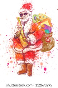 hand drawing using digital tablet (this is drawing converted into vector, resolution at 300 dpi, A4 international size) - - colored sketch bearded Santa Claus playing the saxophone