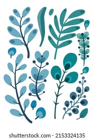 Hand Drawing Vector Abstract Blue Green Leaves Set. Botanical collection.  Use for print, design, stickers