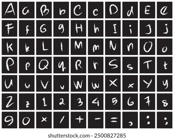 HAND DRAWING VECTOR ALPHABET AND NUMERIC ON BLACKBOARD WITH WHITE CHALK TEXTURE