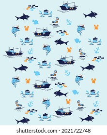 hand drawing vector art illustration pattern for kids wear ship fish fishing shark funny shark sea ocean 