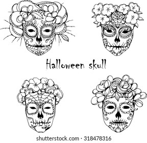 hand drawing  vector black skulls silhouette with flowers on white backgrounds for halloween and tattoo design
