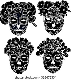 hand drawing  vector black skulls silhouette with flowers for halloween and tattoo design