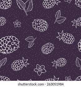 Hand Drawing Vector Blackberry. Blackberry Seamless Pattern On The Violet Background.