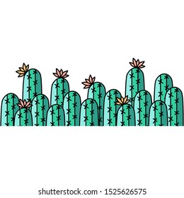 Hand drawing vector border with cactus. Bright green colors . Background with desert plants.