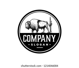 Hand Drawing Vector Buffalo Bull Bison with Cactus Sign Symbol Vintage Animal Circle Logo Template Design Inspiration