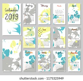 Hand drawing vector Calendar 2019. Abstract painting templates. Week starts from Sunday.