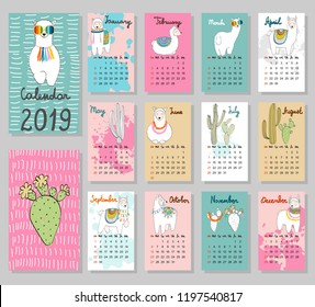 Vector de dibujo manual Calendario 2019 con llamas. La semana empieza el domingo.