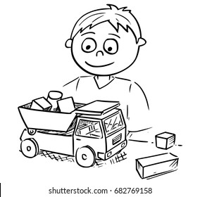 Hand drawing vector cartoon of a boy playing with toy truck car and wooden toy building blocks.