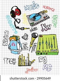 Hand drawing vector cartoon dj equipment in the notebook