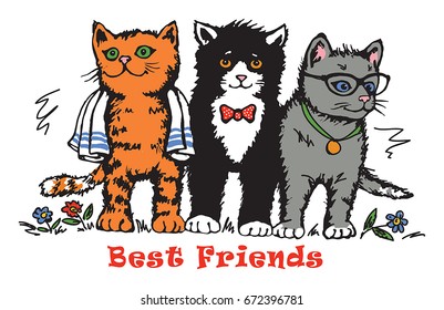 Hand drawing vector with cats for t shirt printing. Graphic tee.
