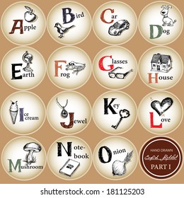Hand drawing vector children english alphabet.Part 1,letter - A-O.