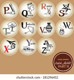 Hand drawing vector children english alphabet.Part 2,letter - O-Z.