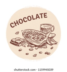 Hand drawing vector chocolate emblem with chocolate bar, cocoa beans and cup illustration