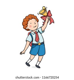 hand drawing vector clip art with boy. The boy runs with a bell