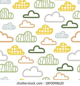 Hand drawing vector clouds seamless patterns. Cute colorful clouds with different texture seamless pattern on white background. 