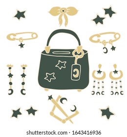 Hand drawing vector collection. Jade Gold Jewelry. Earrings, pins, pendant and a fashionable handbag in green. Colorful gemstones. Green jade jewellery isolated on white background. EPS 10