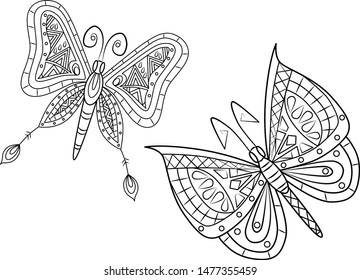 Hand drawing vector coloring butterflies for kids and adults. Beautiful drawing with small details. One of a series of coloring pictures.