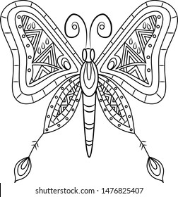 Hand drawing vector coloring butterfly for kids and adults. Beautiful drawing with small details. One of a series of coloring pictures.