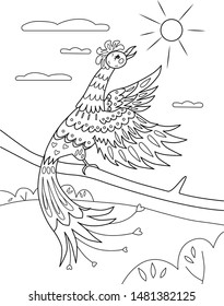 Hand drawing vector coloring fabulous bird for kids and adults. Beautiful drawing with small details. One of a series of coloring pictures.