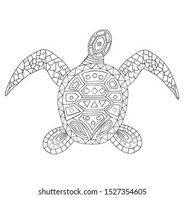 Hand drawing vector coloring page with turtle for adults and kids. Cute drawing with pattern and small details.